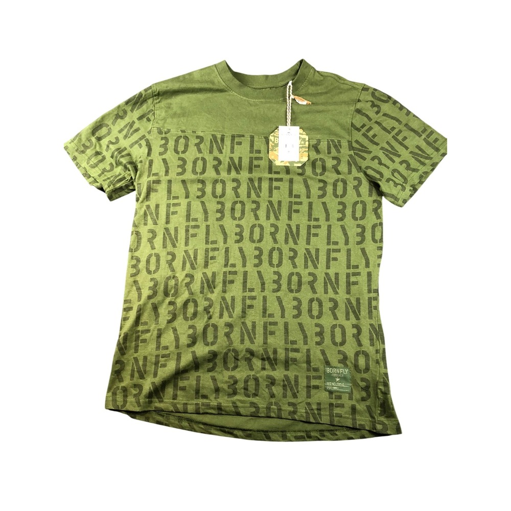 BORN FLY Olive Green Graphic Print Tee Shirt Mens Size Medium‎ NEW NWT